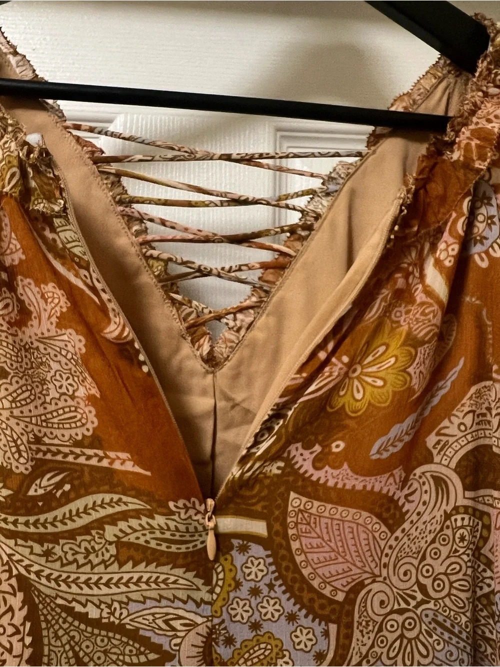 Haute Hippie Paisley Lace-Up Long Sleeve Dress in Rust and Pink